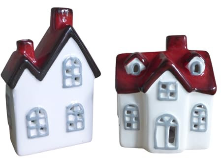 2er Windlicht Haus weiß rot | Häuschen Steingut Weihnachtshaus Winterdeko | 13 cm