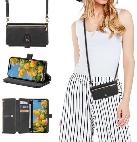 ZCDAYE Case for iPhone 16, Premium Leather Wallet Phone Cover with Long Lanyard Holster Flip Cases for iPhone 16 (6.1 inch), Black