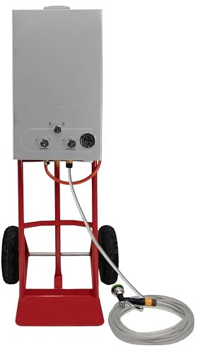 Portable Horse Shower with Steel Trolley 18L Tankless Instant Hot Water Gas Boiler LPG Heater 0-75°C 10m Water Hose & 9-Pattern Spray Gun Camping Outdoor 10 Pneumatic Tyres Battery Powered 36KW