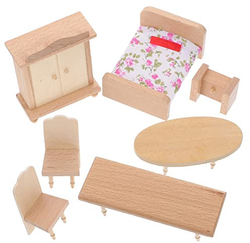 Vaguelly 1satz Dollhouse Miniaturmöbel Für Schlafzimmer Teilig Mit Kleiderschrank Bett Stühlen Und Tischen Hochwertige Holzaccessoires Für Puppenhäuser Für Kreative Spielwelten