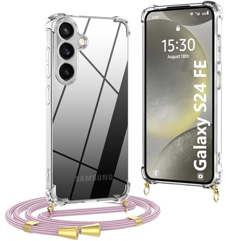 OLEPHY Handykette für Samsung Galaxy S24 FE 5G Hülle mit Band, Roségold | Necklace Hülle mit Band, Handyhülle zum Umhängen, Soft Transparent Case mit Kordel, Stoßfeste Schutzhülle,