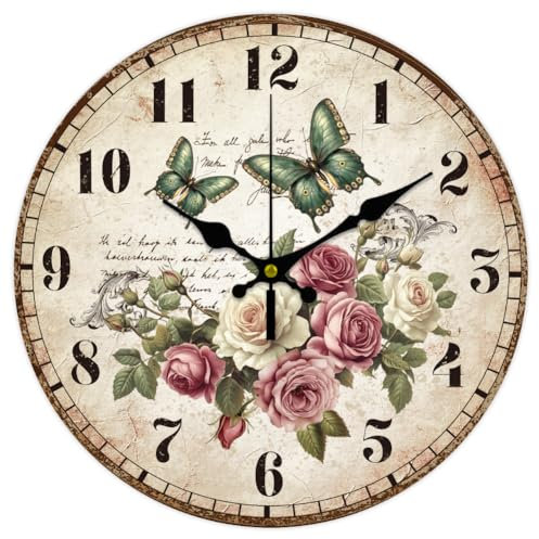 CHGCRAFT Vintage Roses Wall Clock 12 Inch Battery Operated Butterflies Non Ticking Silent Decorative Clock for Living Room Office Bedroom Home Decor