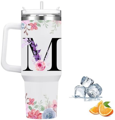 FOLAI Travel Mug,Drink Flasks for Hot & Cold,Stainless Steel Double Wall Vacuum Insulated Coffee Water Bottle, 40oz Tumbler with Straw and Lid Handle,Letter Printed Personalised Gifts(M)