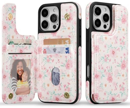 ZCDAYE Leather Wallet Case for iPhone 16 Pro Max with Card Holder, Aesthetic Cute Floral Printed Phone Case Protective Phone Cover Flip Card Cases for iPhone 16 Pro Max (6.9 inch), Pink Flower