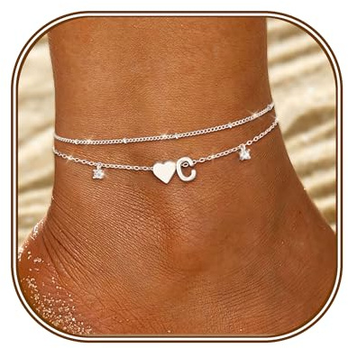FUNEIA Fußkettchen Für Damen Silber 925/14K Gold Vergoldet Buchstaben Fussketten Für Frauen Wasserfester Herz Layered CZ Fußkette Boho Verstellbar Fusskette Fußschmuck Geschenke für Mädchen