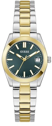 Guess Alice Women's Watch with Date Display, Bi-Colour Stainless Steel Strap, Mineral Glass, Green Dial, 3 Bar, Case Diameter: 32 mm, GW0934L3