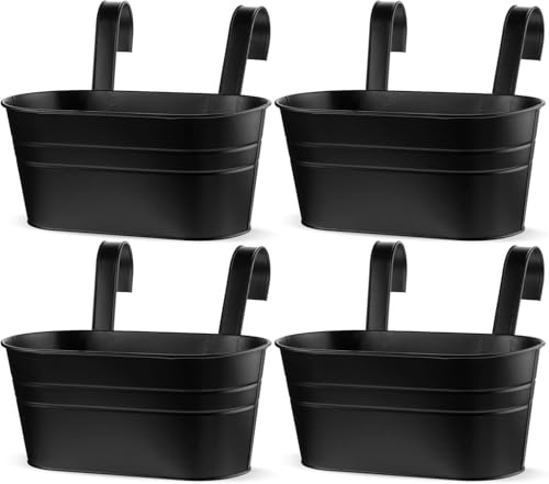 Abaigeal 4 PCS Metal Hanging Flower Pots, 27CM Balcony Planters for Railing with Detachable Hooks, Over Fence Planters Metal, Hanging Plant Pots Outdoor for Fence, Garden, Home, Black