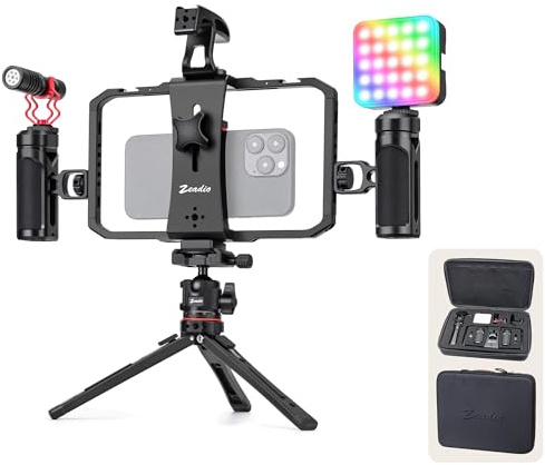 Zeaido Kit Vlogging Vidéo Tout-en-Un pour Smartphone, Cage Vidéo Polyvalente avec Éclairage RGB, Micro, Trépied à Rotule Arca et Stabilisateur – Idéal pour Youtube, TikTok et Streaming en Direct etc