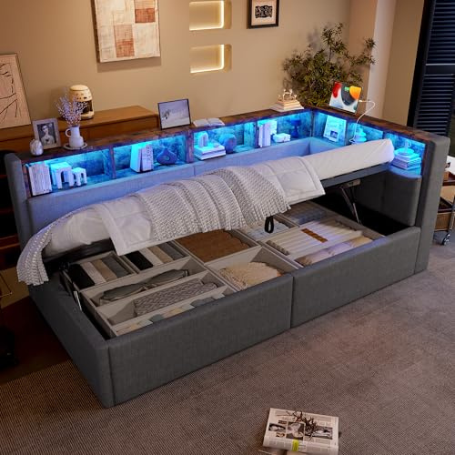 Tagesbett, Daybett, Schlafsofa, 90 × 200 cm, USB- + Typ-C-Anschlüsse, hydraulische Aufbewahrungsfunktion, mehrere Staufächer, mit mehrfarbiger LED-Streifenbeleuchtung,Ohne Matratze, Leinen (Grau)