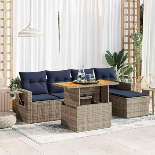 QJBSAVVA 6-TLG. Garten-Sofagarnitur mit hebbarer Tischplatte & Stauraum Poly Rattan Grau Marineblau 100 x 55 x 44/73 cm Robust UV-beständig für Balkon Terrasse Gartenlounge