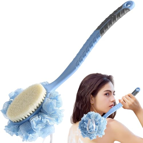 MURRI&MURRDI Duschen Rückenbürste mit Langem Griff, Dusche Körperbürste mit Borsten und Loofah, Rücken Schrubber Bade Schwamm mit 16 Langgriff, Rutschfeste Badebürste für Hautexfolierende Massage