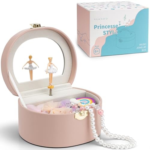 VLANDO Schmuckkästchen Mädchen,Schmuckkasten Kinder mit Drehendem Ballerina | Spielzeug Geschenk 4 5 6 Jahre Mädchen mit DIY Aufkleber, Schmuckaufbewahrung mädchen mit Spieluhr, Rosa