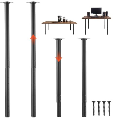 VEVOR Pieds de Table Réglables en Hauteur 610-1016 mm Lot de 4, Pieds de Bureau, Tubes Ronds en Acier au Carbone, Charge Max. 544 kg pour Table à Manger, Bureau, Établi et Table de Bar, DIY, Noir