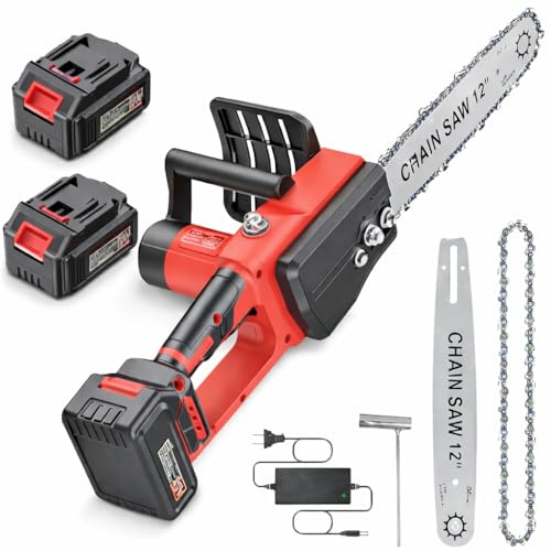 Motosega a Batteria per Potatura 12 Pollici, Due batterie da 108VF, 2800W Motosega Elettrica 2 * 3000 mAh Batteria, con Lubrificazione Automatica, Sega Elettrica per Potatura