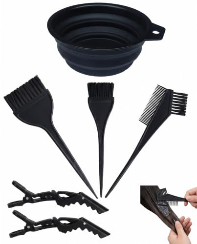BTACGWP 6 Piezas Kit Tinte Pelo, 3 Brochas Aplica Tinte Negro, 1 Tazón Plegable, 2 Pinzas Cocodrilo, Kit Herramientas Decoloración Cabello, Para Mechas Rubias en Casa y Salón