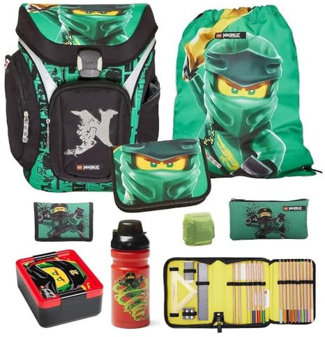 Familando Ninjago Schulranzen Set für Jungen mit passender Dose und Flasche – Ergonomisch, robust – 16 L Volumen, wasserabweisend – Mit Brust- und Hüftgurt – Komplettset 1. Klasse Grundschule