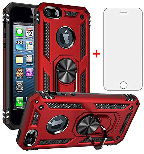 Asuwish Compatible with iPhone 5S 5 SE 2016 5SE Case with Tempered Glass Screen Protector Stand Ring Holder Shockproof Silicone Heavy Duty Accessories Magnetic Rugged Metal i Phone5s Cases 6SE Red