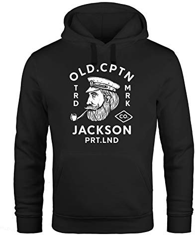 Neverless® Hoodie Herren Kapitän Motiv Aufdruck Old Cptn Jackson Retro Print Kapuzen-Pullover Männer schwarz M