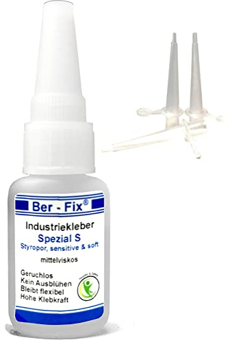 Ber-Fix Industriekleber Spezial S: Geruchsfreier Sekundenkleber, 20g - Inkl. 3 Feindosierspitzen, Verträglich & Stark für Mensch/Materialien, Flexibel - Für Kunststoff, Gummi, Metall, PMMA & Holz