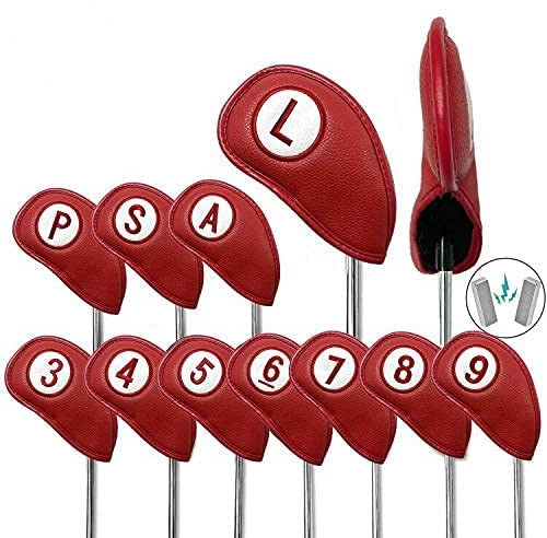 Golf Club Head Covers for Irons Magnetic Closure Value 11 pcs/Set, Double Number Printed Headcovers Deluxe Synthetic Leather Professional Thick Color Red Fit All Iron Clubs (Red)