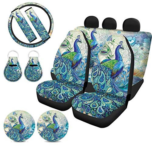 HUIACONG Pfauen-Autositzbezüge, komplettes Set mit Blumen-Lenkradbezug/Vordersitzsitzbezüge/Sicherheitsgurt-Schulterpolster/Cup-Untersetzer/Schlüsselanhänger für Damen, LKW, SUV, Van, Aqua Blau
