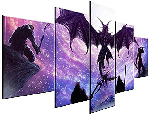 yuanjun Puzzle 5 TLG Kunstdruck Modern Wandbilder Design Tapete Eingerahmt Bilder Drucke Leinwand Wandkunst Wohnkultur Gem?Lde Poster Mehrteilig XXL Skyrim-Spiel The Elder Scrolls