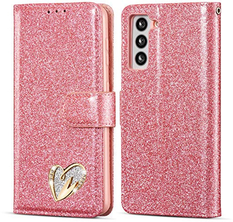 QLTYPRI Hülle für Samsung Galaxy S21 5G, Glitzer Leder Handyhülle Handschlaufe Kartenfach Ständer mit Eingelegten Liebe Herz Diamond Flip Schutzhülle für Samsung Galaxy S21 5G - Rosa