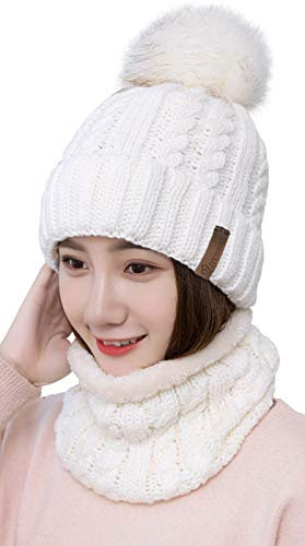 Damen Wintermütze Schal Set, Weichem Innenfutter Strickmütze und Schal mit Fleecefutter,Winter Wärme Beanie Mütze Strickschal Set,Schlauchschal Hüte Mützen mit Kunstpelz Bommel Pom (Weiß)
