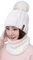 Damen Wintermütze Schal Set, Weichem Innenfutter Strickmütze und Schal mit Fleecefutter,Winter Wärme Beanie Mütze Strickschal Set,Schlauchschal Hüte Mützen mit Kunstpelz Bommel Pom (Weiß)