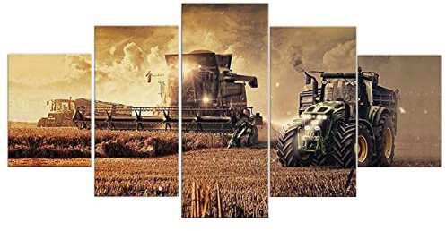 ZHONGYUTONG 5 Stück Bauernhof Traktor Leinwand Kunstdruck Herbst Landschaft Wandbild Residenz Gemälde Poster Moderne Heimdekoration (100x55cm, Kein Rahmen)