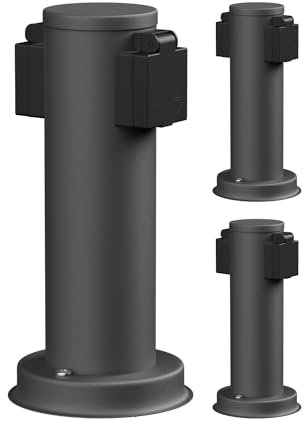 ledscom.de 3 Stück Garten Steckdosensäule PORU für außen, IP44, 2-Fach, Edelstahl, anthrazit, rund, 27 cm