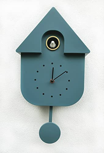 SPRING LIFE Kuckucksuhr Wanduhr, Chalet-Stil, modernes Design mit Vogel-Tweetgeräusch in 3 Farben (Graublau), 29,5 x 21,5 x 8,5 cm