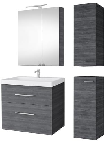 Planetmöbel Badmöbel Set Waschtisch mit Unterschrank 63 x 60 x 36,5 cm, Spiegelschrank 60 cm mit LED-Leuchte (schwarz matt) & Steckdose, inkl. 2X Midischrank, Moderne Badezimmer Möbel, Anthrazit