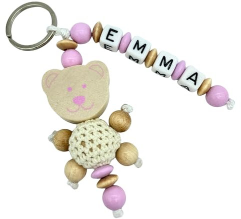 Schlüsselanhänger mit Namen personalisiert - 3D Bär mit Häkelperle - Holz natur rosa - Namensanhänger für Kinder Mädchen