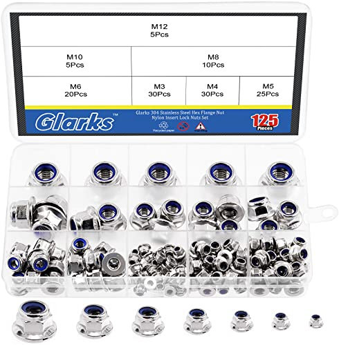 Glarks 125Pcs 7 misure 304 in acciaio inox flangia esagonale Nylon inserto dadi di bloccaggio, M3/M4/M5/M6/M8/M10/M12 controdado, finitura brillante per mobili industria macchinari di fissaggio