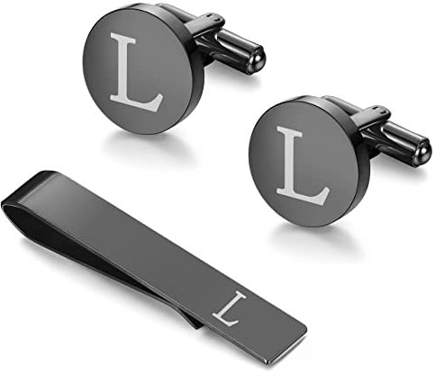 Morfetto Boutons de Manchette Initiaux Noirs et Pince à Cravate pour Hommes Boutons de Manchette en Cuivre Personnalisés et Cravate Lettre Alphabet A-Z Cadeau pour Père Mari L