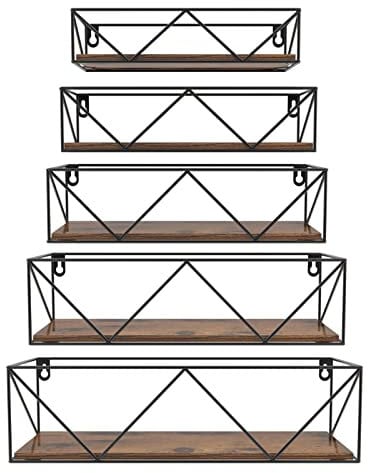 HORLIMER,Mensola da parete in Legno Set di 5, con Barre, Mensole Sospese per Parete Rustiche per Camera da Letto, Cucina, Bagno, Soggiorno, Griglia Triangolare Nera, Legno Marrone