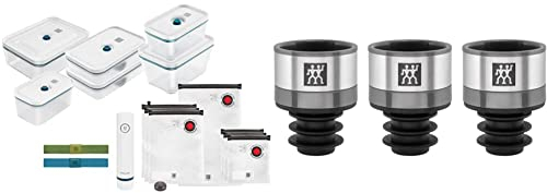 ZWILLING Fresh & Save Vakuum Starterset, Glas, 16-tlg., La Mer Weiß & Fresh & Save Vakuum Weinverschluss Set, 3-tlg, grau