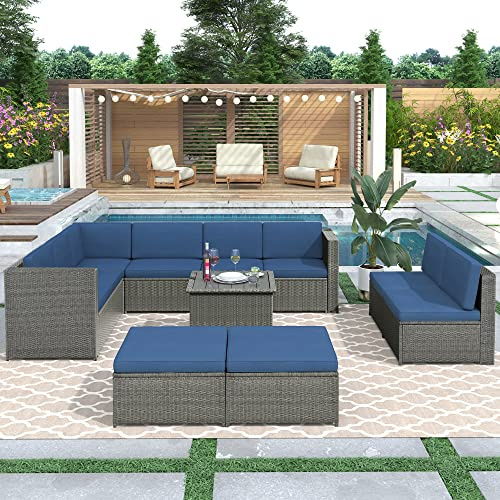 Tdewlye 9 Piece Patio Sofa Furniture Set,Outdoor Wicker Sectional Rattan Seating Group with Cushions and Ottoman,for Porch Lawn Garden Backyard Poolside (Gray&v)