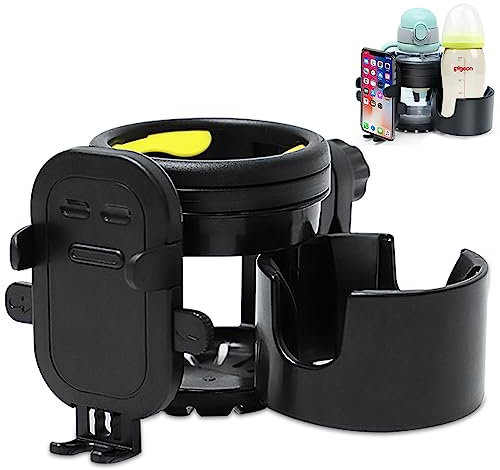 Aoreun Portavasos para Cochecito, 3 en 1 Estante de Almacenaje para Cochecito con Soporte para Teléfono, Portabebidas Universal Giratorio 360º, Universal Portabotellas para Cochecitos y Bicicletas