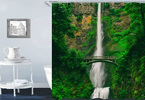 Gualiy Duschvorhang Textil Waschbar, Duschvorhang Wasserfall und Brücke Duschvorhänge Anti Schimmel Grün Badvorhang 120x180cm
