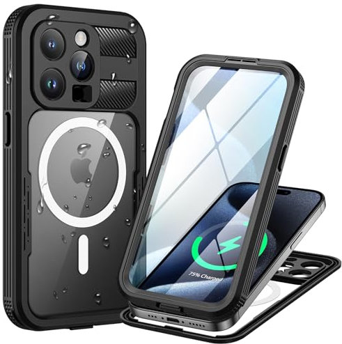 Lanhiem for iPhone 15 Pro Waterproof Case, [Compatible with MagSafe] Heavy Duty Shockproof Dustproof Cover with Screen Protector, Front and Back Magnetic Case for iPhone 15 Pro - 6.1 inch (Black)