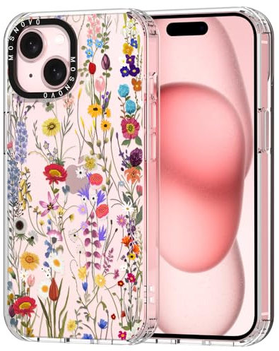 MOSNOVO Case for iPhone 15, [Buffertech 6.6ft Military-Grade Drop Protection] [Anti Peel Off Tech] Clear TPU Bumper Phone Case Cover Design - Wildflower Meadow