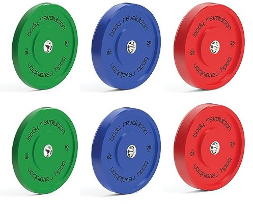 BODY REVOLUTION Olympic Weight Plates for 2 Barbells - Solid Colour Rubber Bumper Plates, Home Gym Equipment for Strength Training Workouts