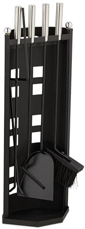 Relaxdays Juego de 5 Utensilios Color Negro Accesorios Chimenea, 5 Piezas, Set de Estufa con Atizador, Pinzas, Escoba, Pala y Soporte, Moderno, Acero Inoxidable, 61 x 22 x 15 cm