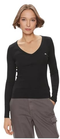 Tommy Jeans Camiseta de Manga Larga Mujer Slim Fit Essential V-Neck con Cuello de Pico, Negro (Black), XL