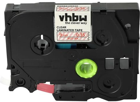 vhbw 1x Schriftband-Kassette kompatibel mit Brother PT 1100ST, 1120, 1090, 1090BK, 1100, 1100SB, 1100SBV Etiketten-Drucker 9mm Rot auf Transparent