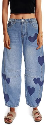 Djeanxa Barrel Jeans for Women Mid Rise Heart Printed Denim Ankle Pants Vintage Baggy Boyfriend Jeans, Blue, Large