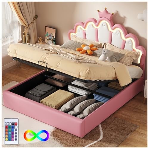 Racxily Letto imbottito 140 * 200cm, letto singolo, letto da principessa con illuminazione ambiente regolabile, letto matrimoniale con contenitore,modanatura a corona, rosa