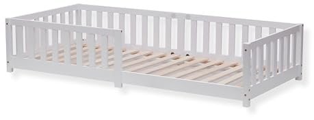 ecomi® Kinderbett 80x160 Bodenbett Kinder Bett mit Rausfallschutz und Lattenrost für Kinder Kinderbetten für Mädchen und Jungen Massivholz Kiefer in Weiß